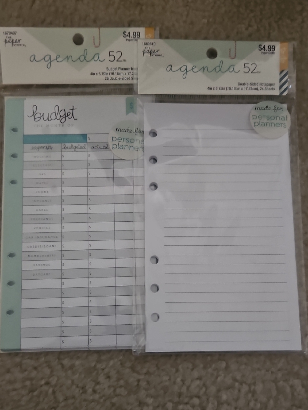 The Paper Studio Agenda 52 Budget & Lined Planner Inserts - White & Mint